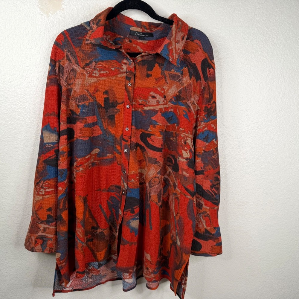Calessa Women's Top Multicolor Sz 3X Button Up Abstract Southwestern Lagenlook